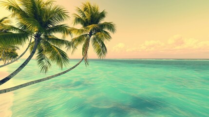 A serene beach scene with palm trees swaying gently in the breeze, overlooking a crystal-clear turquoise ocean under a sky transitioning from golden yellow to pastel pink.