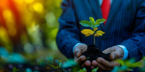 Businessman holds sapling analyzes investments for sustainability climate change green energy and recycling. Concept Sustainability Initiatives, Green Investments, Climate Change Strategies