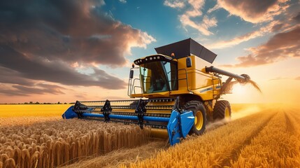 Fototapeta premium Harvester for harvesting crops in the field. Concept: food supplies and world hunger problems, grain for export and import.