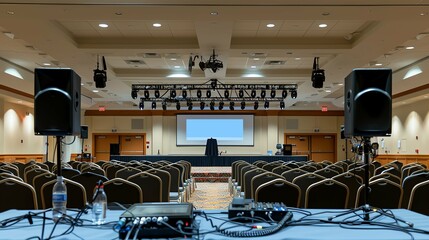 Conference Room Set Up for Presentation with speaker and stage.