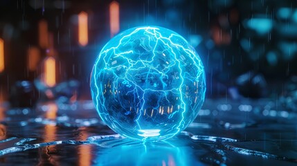 3D rendering of a blue electric sphere plasma ball, in a futuristic technology theme, showcasing advancement, with a digital tone, and an analogous color scheme