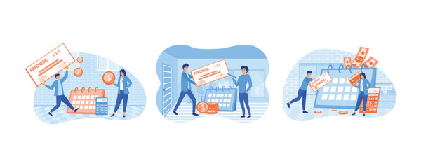 Obraz premium Money prize. Cash lottery winning. Salary payment. Pay Check concept. Calendar with payday, calculator and tiny business people getting a paycheck. Set flat vector modern illustration