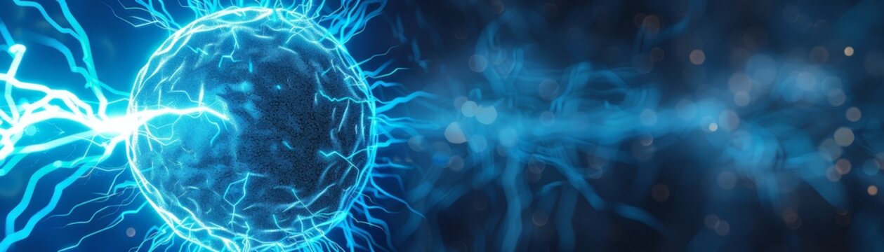 3D rendering of a blue electric sphere plasma ball, in a futuristic technology theme, showcasing advancement, with a digital tone, and an analogous color scheme