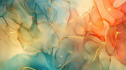 Art painting style with soft and dreamy colorful marble abstract waves and sparkling golden lines.