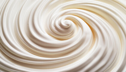 White cream background. Swirl blended mousse. Cosmetic or dairy product. Liquid spirals top view