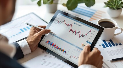 A business person pointing at a bull market chart on a tablet, with financial documents and a cup of coffee on the desk, indicating investment opportunities, isolated white background, copy space