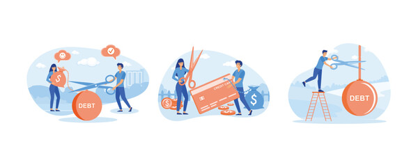 Businessman helped girl get out of debt. Debt burden concept. Cutting debt, businessman's hand holding scissors to cut debt. Set flat vector modern illustration