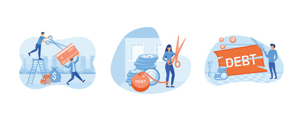 Credit Card Debt. Businessman use pliers to cut the chain and free himself from debt metal ball. Reduce, slice and get rid of debt concept. Set flat vector modern illustration