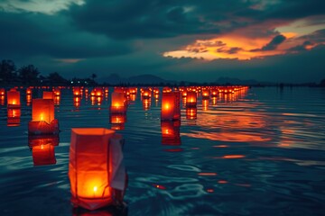 Floating Lantern Festival Colorful lanterns floating on the water during a festival, creating a...