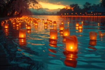 Floating Lantern Festival Colorful lanterns floating on the water during a festival, creating a magical and ethereal atmosphere