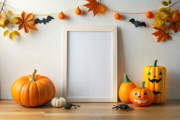 Mockup poster and photo frame with Halloween festival decoration.