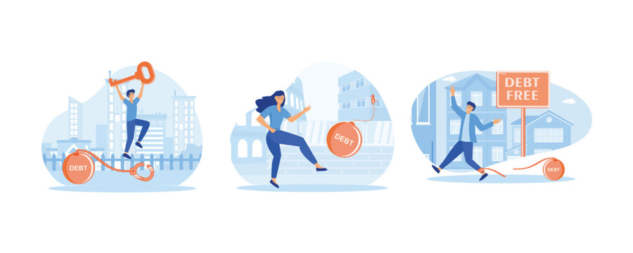 Debt free or freedom for pay off debts. Businesswoman kicking debt bomb ball away like as soccer ball. Debtor happy after paying off debts, bank loans. Set flat vector modern illustration
