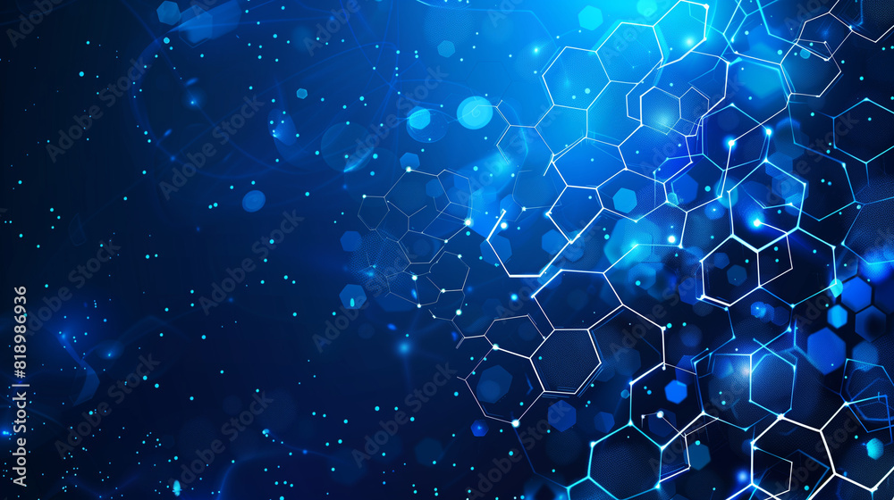 Wall mural abstract blue background with hexagon patterns and glowing lights for technology or science concept
