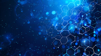 Abstract blue background with hexagon patterns and glowing lights for technology or science concept