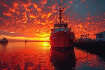 Harbor Sunset Silhouettes Silhouettes of boats and harbor structures against a vibrant sunset sky, evoking a sense of tranquility