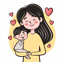 A woman is holding a baby and smiling. The baby is surrounded by many hearts. The image conveys a warm and loving atmosphere mother's Day