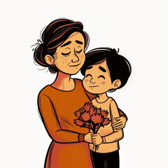 Obraz premium A woman is holding a bouquet of flowers and hugging a child. Concept of warmth and love between the two mother's Day
