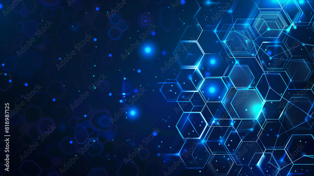 Fototapete Abstract blue background with hexagon patterns and glowing lights for technology or science concept