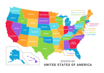 Naklejka premium Colorful Geographical Administrative Map of United States of America with Editable Text, Isolated on White Background.