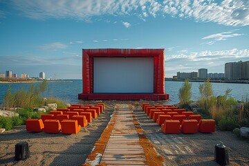Harbor front Outdoor Cinema An outdoor cinema set up on the harbor front, allowing viewers to enjoy movies with a waterfront backdrop