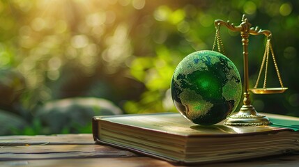 Environment Law. Green globe placed on a law book. law for principles of sustainable environmenta 