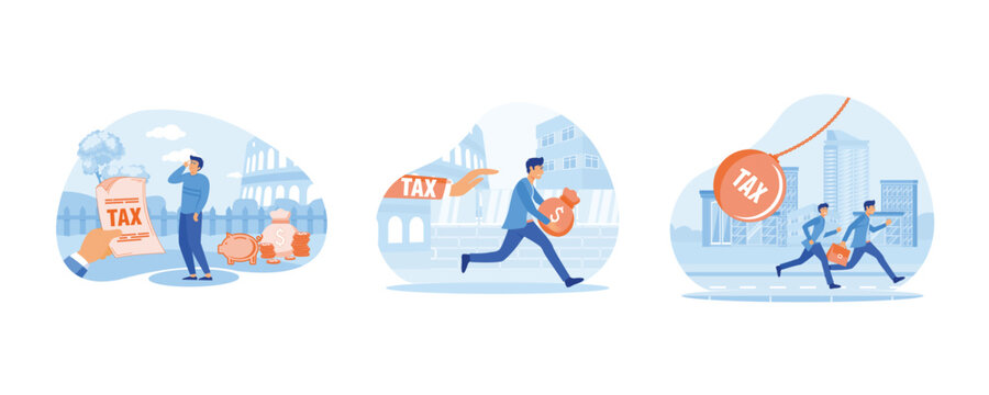 Entrepreneur holding saving piggybank looking at tax bills. A of businessman running away from tax concept. Businessman running away from huge pendulum with tax. Set flat vector modern illustration