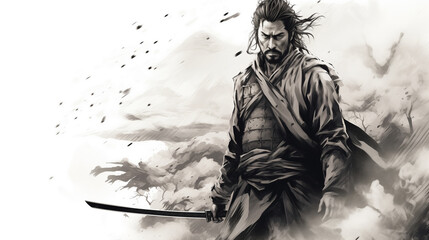 "Samurai Line Art Illustration: Elegant and Detailed Design"