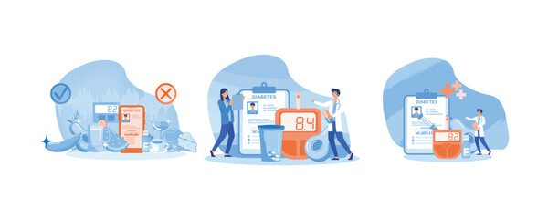 Glucometer for sugar level blood test with diet and unhealthy food. World diabetes day banner. Diabetes control and healthcare concept. Set flat vector modern illustration