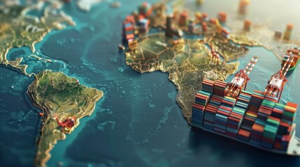 A high-detail 3D render of a world map highlights trade routes with cargo ships and port infrastructure