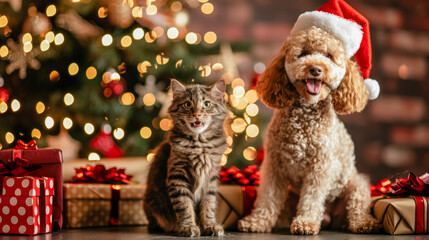 Festive Poodle and Cat with Christmas Gifts