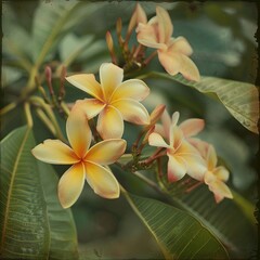Frangipani flowers in the streed way. vintage effect 