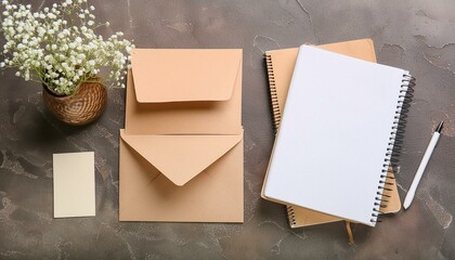 Notebook and Envelope Arrangement on Desk