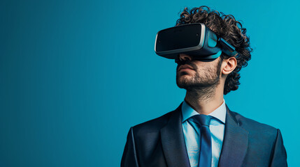 Depict a man in a suit wearing VR glasses, front angle, with a solid background and copyspace above and below for messages.