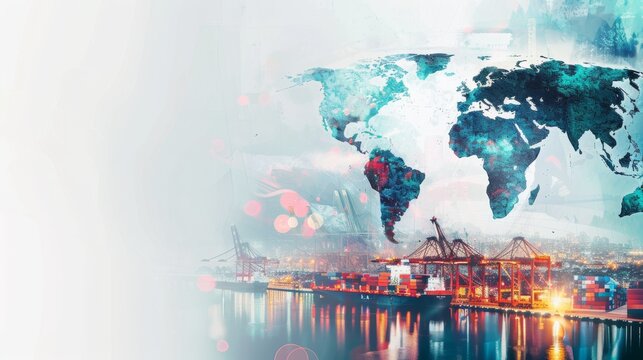 A digital composite image featuring a stylized world map overlaid on a busy industrial port scene with shipping containers