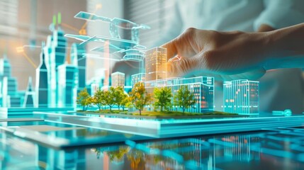 A visionary architect designing ecofriendly, futuristic buildings on a holographic interface