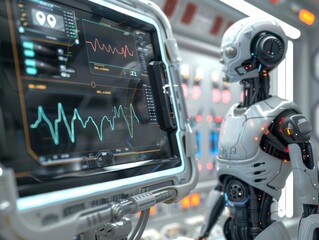Fototapeta premium A futuristic health monitor displaying vital stats for a patient of ambiguous ethnicity, attended by a robot