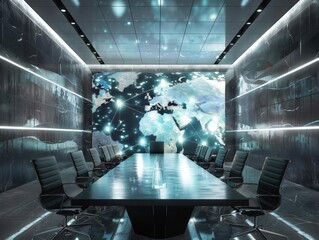 A corporate boardroom with a digital display of the Earth where trade routes are illuminated by glowing nodes