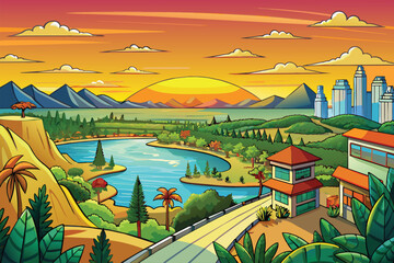 Naklejka premium sunset panorama FOR kids background. AI GENERATD