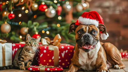 Boxer and Cat in Santa Hat Celebrating Christmas