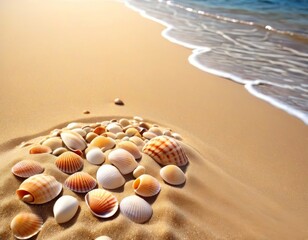 Warm sunlight bathes a collection of seashells on a sandy beach, with gentle waves lapping at the shore.. AI Generation