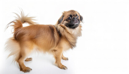 Pekingese dog - Canis lupus familiaris -  is a breed of toy dog, originating in China. The breed was favored by royalty of the Chinese Imperial court as a companion dog. isolated on white background