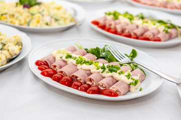  salad, restaurant, photos, carrots, close-up blurry background, catering, hotel, hotel food and kitchen, tomatoes, ham, roulades