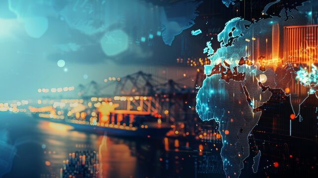 A digital composite image featuring world maps, global trade and logistics with a backdrop of cargo containers - Powered by Adobe