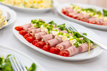  salad, restaurant, photos, carrots, close-up blurry background, catering, hotel, hotel food and kitchen, tomatoes, ham, roulades