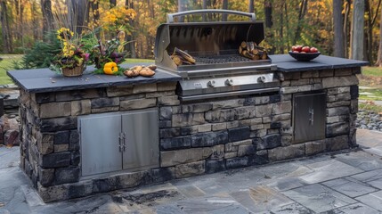 Design a built-in barbecue grill station with ample counter space and storage for utensils and supplies.  ai generated