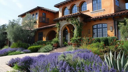 Fototapeta premium Design a cohesive color scheme that complements the surrounding landscape and architectural style of the home. ai generated