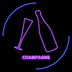 champagne neon sign, modern glowing banner design, colorful modern design trend on black background. Vector illustration.