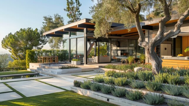 Design a cohesive color scheme that complements the surrounding landscape and architectural style of the home.  ai generated