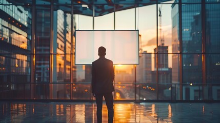 A man in a suit stands in a modern office building, looking out at the city skyline. He is contemplative and thoughtful, looking at possibilities.