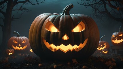 Giant scary smiling Halloween Pumpkin. Jack o lantern in night full moon graveyard mist smoke fall weather